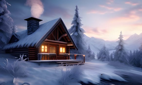 A charming wooden cabin stands majestically among snow-covered trees as twilight descends. Soft light emanates from the windows, highlighting the warmth inside, while a gentle plume of smoke rises from the chimney. The scene captures the serene beauty of winter, with mountains in the background that beckon adventure.