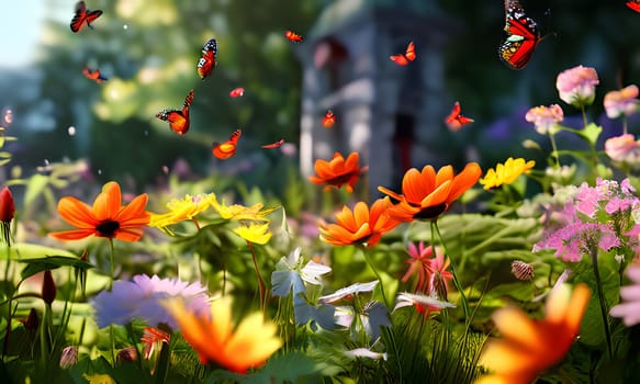 A lively garden bursts with a variety of colorful flowers as butterflies gracefully dance among the blossoms. The sunlight filters through the leaves, illuminating the scene, creating a tranquil atmosphere during a beautiful spring day.