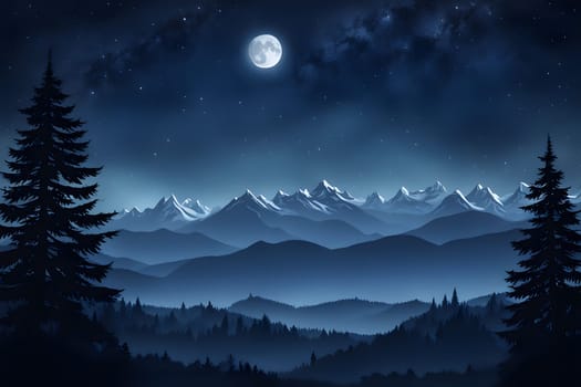 A serene night reveals a breathtaking panoramic view of mountains illuminated by moonlight, surrounded by dense forests and silhouetted pine trees against a starry sky.