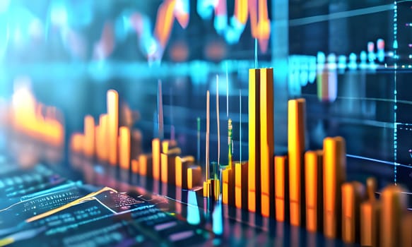 A dynamic representation of financial data showcases colorful bar graphs and line charts reflecting stock market trends and analytics. The vibrant visuals indicate real-time changes, providing insights into market performance.
