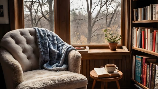 A warm and inviting reading corner features a plush armchair draped with a soft blanket. Natural light pours in through large windows, illuminating a nearby bookshelf filled with various books. A small potted plant sits atop a wooden table beside a steaming cup of tea, creating a serene atmosphere perfect for relaxation and contemplation.