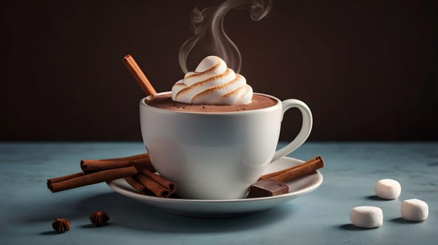 A warm cup of hot chocolate sits on a plate, garnished with fluffy marshmallows and a sprinkle of cinnamon. Surrounding the cup are cinnamon sticks and pieces of chocolate, evoking a cozy ambiance.