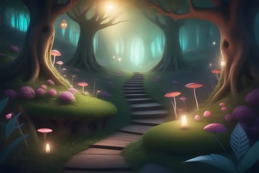 A winding path leads through a mystical forest, where vibrant mushrooms bloom among lush greenery. Soft, glowing lanterns hang from towering trees, creating a magical atmosphere as the evening light softly fades.
