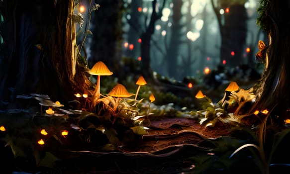 The magical pathway through the forest features vibrant, glowing mushrooms surrounded by lush greenery. Fireflies illuminate the twilight, creating a whimsical atmosphere filled with natural beauty and mystery.