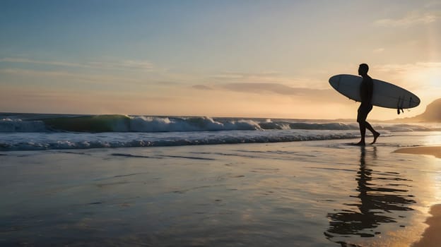 A lone surfer walks along a sandy beach, carrying a surfboard under his arm as the sun sets on the horizon. The golden light reflects off the gentle waves and wet sand, creating a serene and picturesque moment.