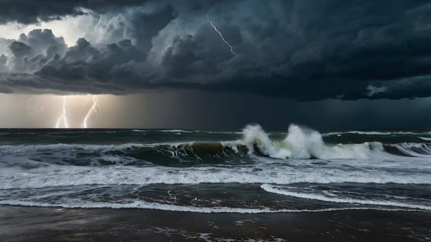 Dark clouds envelop the sky as powerful lightning bolts illuminate the turbulent ocean waves crashing against the shoreline. The atmosphere is charged with energy, creating a striking contrast between the stormy sea and the ominous sky.