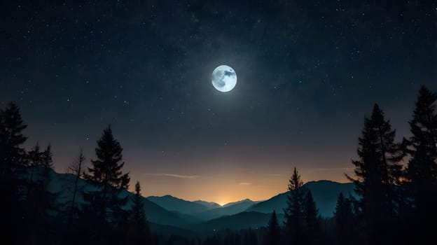 Under a clear night sky, a brilliant full moon illuminates the surrounding mountain range, casting a serene glow over the landscape. The silhouettes of tall trees frame the scene, creating a tranquil atmosphere.