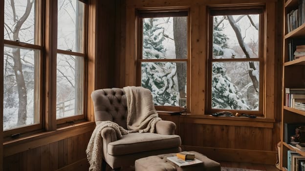 A snug corner of a wooden cabin features a plush armchair draped with a soft blanket, inviting relaxation. Snow gently falls outside the large windows, creating a serene winter atmosphere. The warm interior is complemented by bookshelves filled with literary treasures, making it an ideal spot for enjoying quiet moments by the fire.