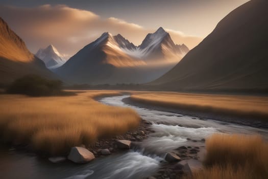 Golden grasses sway gently alongside a winding river, with majestic mountains rising in the background. Soft sunlight casts warm hues across the landscape as clouds drift above, creating a serene atmosphere during twilight.