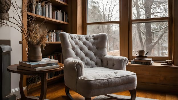 A plush tufted chair is placed near a window, offering a perfect spot for reading. Outside, flakes of snow fall softly, creating a serene winter atmosphere. A small table beside the chair holds a cup and a stack of books. The room is filled with natural light and warm wooden accents, inviting relaxation.