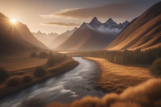 A breathtaking view reveals the sun rising above majestic mountains, casting golden light over a tranquil river winding through a lush valley. The gentle flow of water contrasts with the towering peaks and vibrant landscape.
