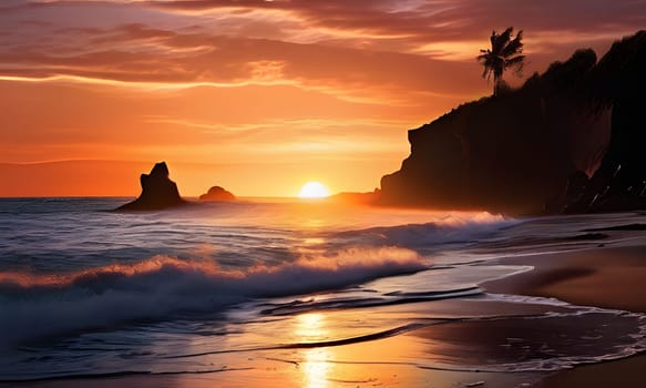 The sun sets on a tranquil beach, casting warm golden hues across the water. Gentle waves lap at the shore, reflecting the vibrant colors of the sky. Silhouetted rocks and a palm tree adorn the calm landscape, creating a peaceful atmosphere as day transitions to night.