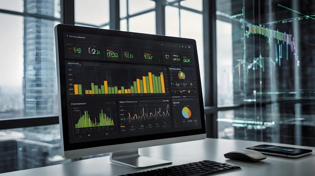 A sleek workspace is illuminated by natural light streaming through large windows, showcasing a sophisticated data analytics dashboard on a computer screen. Vibrant graphs and charts clearly display important metrics, while a smartphone rests nearby.
