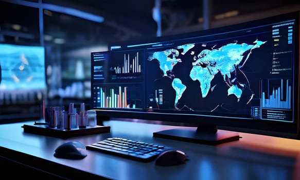 A sleek and modern workstation is illuminated in blue tones, showcasing multiple screens displaying colorful data visualizations and global maps. The setup includes a keyboard and analytical tools, hinting at ongoing research or data analysis activities during nighttime.