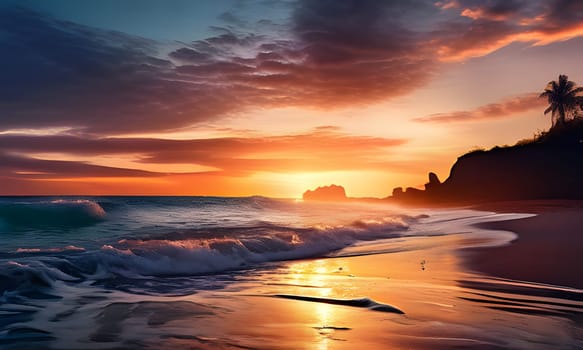 The sun sets over a serene shoreline, casting vibrant hues across the sky and reflecting on the gentle waves. Silhouetted cliffs frame the beach, creating a peaceful atmosphere as the day transitions to night.