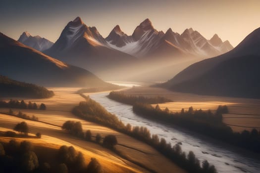 The sun rises gently over a breathtaking landscape of towering mountains, revealing their majestic peaks dusted with snow. Below, a peaceful river winds through the lush valley, reflecting the warm hues of dawn while golden fields stretch across the foreground, creating a picturesque harmony of nature.