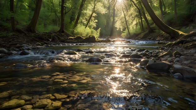 A serene forest stream flows gently over smooth stones, reflecting the warm sunlight filtering through the lush green canopy. The atmosphere is calm and peaceful, with the sounds of nature surrounding the setting.