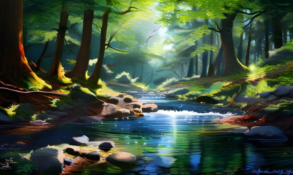 A tranquil stream meanders through a vibrant forest, surrounded by tall green trees. Sunlight filters through the leaves, creating a dappled effect on the water's surface. Smooth stones line the water's edge, and the gentle sound of flowing water adds to the peaceful atmosphere.