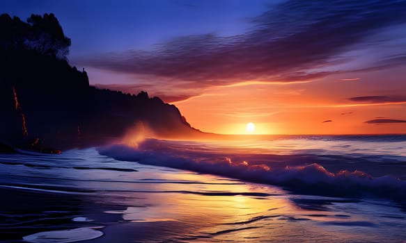 The vibrant colors of sunset illuminate the horizon as the sun dips below the water, casting a warm glow on the ocean. Gentle waves lap against the rocky shore, reflecting shades of orange, purple, and blue. Silhouettes of trees stand against the colorful sky, creating a serene and tranquil atmosphere.