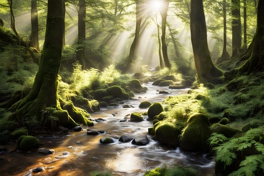 In a serene forest setting, golden sunlight streams through the canopy, illuminating a narrow, winding stream surrounded by vibrant green foliage and moss-covered rocks. The tranquility of the scene suggests a peaceful early morning atmosphere, inviting reflection and appreciation of nature's beauty.