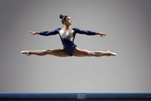 A young female gymnast executes an impressive split leap on a balance beam during a formal gymnastics competition, showcasing her strength and flexibility. The focused expression on her face highlights her determination, while her well-coordinated movements emphasize the artistry of the sport.