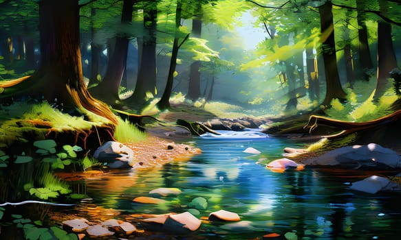 A serene stream flows gently through a lush forest, with sunlight streaming down and illuminating the vibrant greenery. The water reflects the surrounding trees, and colorful stones are visible beneath the surface, creating a peaceful atmosphere.