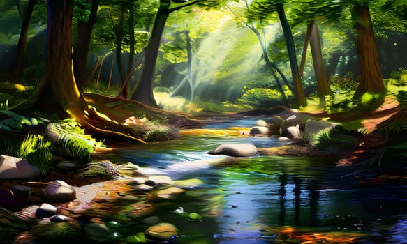 A gentle stream meanders through a vibrant forest, surrounded by tall trees and lush greenery. Sunlight filters through the leaves, creating a serene atmosphere. The water glistens with reflections of the surrounding nature, enhancing the peaceful vibe of the early morning.