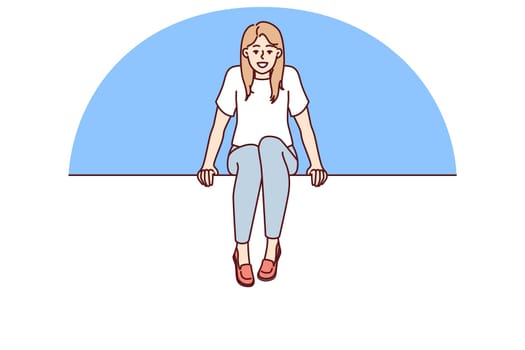 Young woman sits on blank billboard designed to advertise or promote marketing campaign. Positive student girl sits with legs dangling on large billboard calling for attention to advertisement
