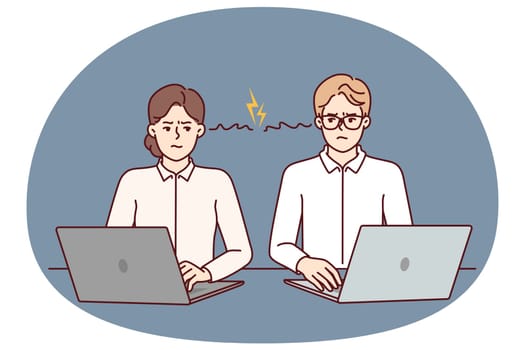 Colleagues with laptops angry at partner after problems in project or quarrel related to choice leader. Two angry office workers feel anger towards colleagues and need help of corporate psychologist
