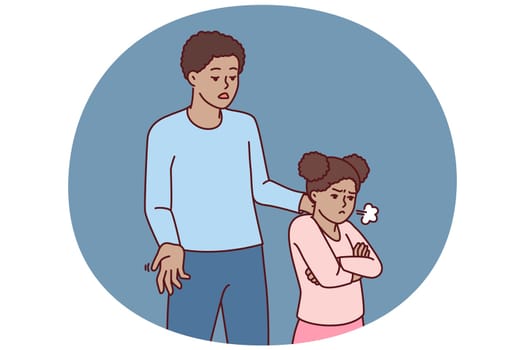 African American man comforts offended preteen girl after argument or punishment due to bad grades in school. Offended child turned away from father who does not want to spend time together