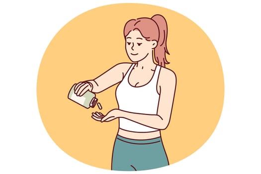 Woman fitness trainer uses sports supplements to improve health and achieve new career results. Slender beautiful fitness girl takes doping before training or important competitions