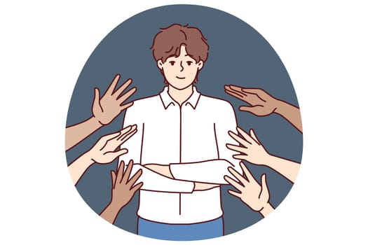 Popular business man beside many hands wanting to touch idol, for concept of corporate training or team building activities. Proud guy in business clothes are popular among colleagues