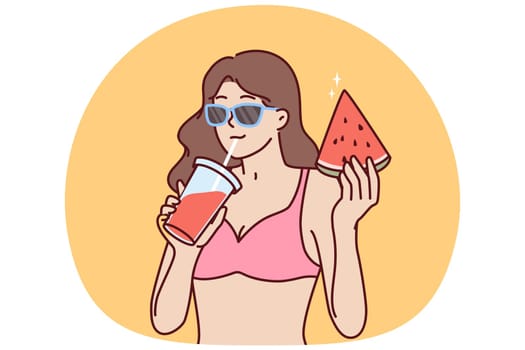 Woman in bikini drinks fruit smoothie and eats watermelon relaxing on beach or pool party. Woman in bikini and sunglasses enjoy vacation on tropical island traveling on summer vacation