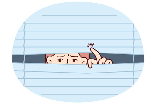 Suspicious man looks out window suffering from schizophrenia and experiencing desire-inducing spy phobia. Eyes of guy looking through venetian blinds to spy on colleagues or passers-by