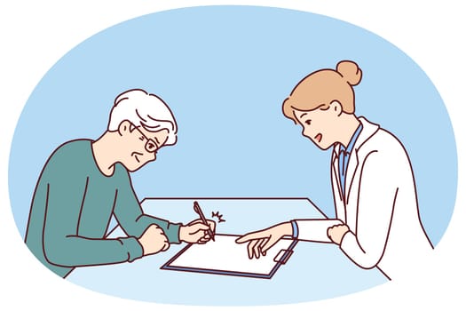 Elderly man sits near doctor filling out questionnaire for insurance for treatment of chronic diseases. Elderly man signing contract with hospital employee for advice or medical care