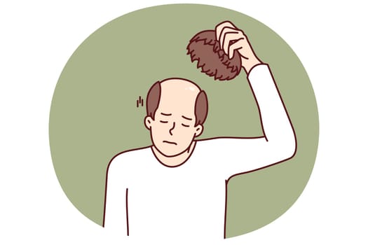 Man takes off wig and experiences stress of baldness caused by health problems or aging. Unhappy adult human with wig in hand needs hair transplant operation or drug to restore hair.