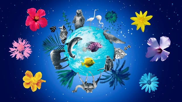 World animals day collage - concept with globe - art design with animals