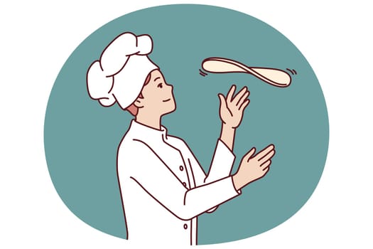 Man chef prepares pizza by tossing dough in open kitchen restaurant with traditional italian food. Guy in chef hat works in pizzeria and cook pizza according to classic old recipe.