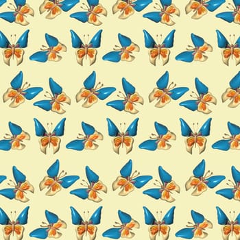 Butterfly with orange veins and antennae on yellow background. Repeating pattern, 3D rendering illustration