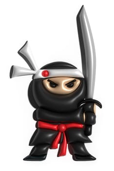 Ninja character in black suit and headband, holding sword, 3D rendering illustration