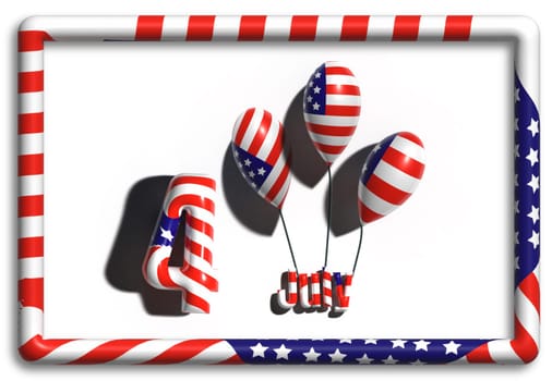 Lettering and balloons in American flag colors and frame, 3D rendering illustration