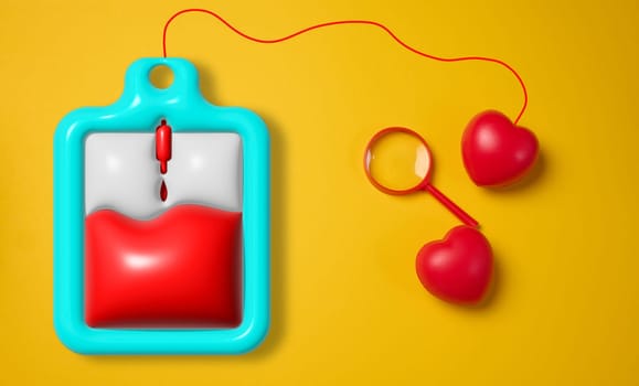 Two red hearts and blood bag on yellow background, blood donation concept