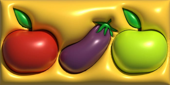 Apple and eggplant on a yellow background, 3D rendering illustration