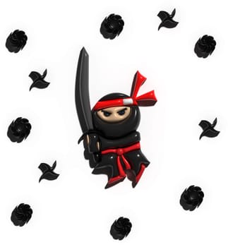 Ninja character in black suit and headband, holding sword, 3D rendering illustration