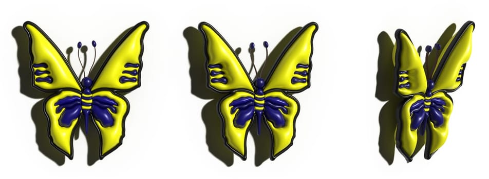 Yellow butterfly with blue spots on isolated background, 3D rendering illustration