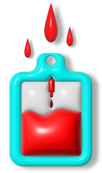 Blood bag and blood drops, donation. 3D rendering illustration