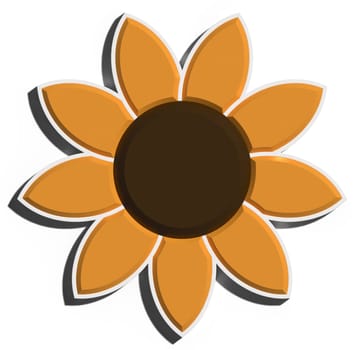 Sunflower with orange petals and shadow on isolated background, 3D rendering illustration