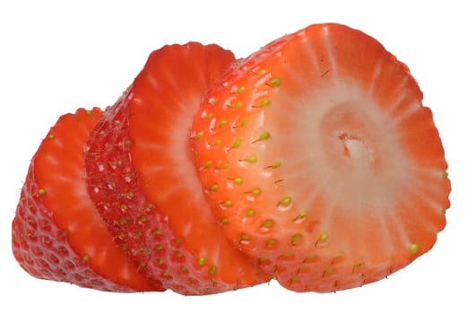 Sliced ripe red strawberries on isolated background, close up
