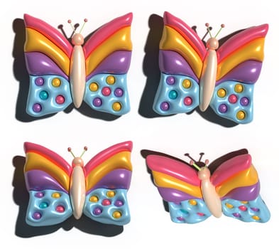 Multicolored butterflies with shadow in different projections on isolated background, 3D rendering illustration