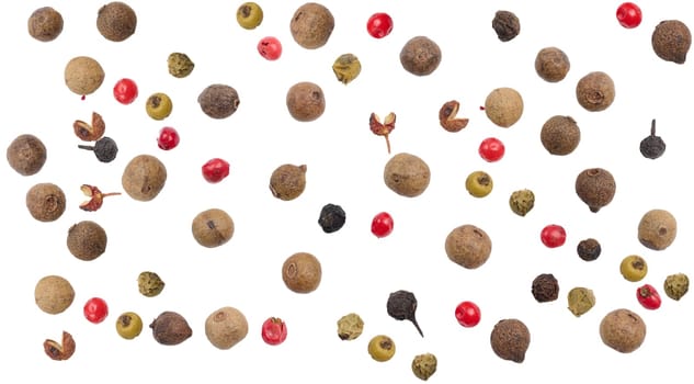 Aromatic pepper, black and red pepper on a white isolated background, culinary spices